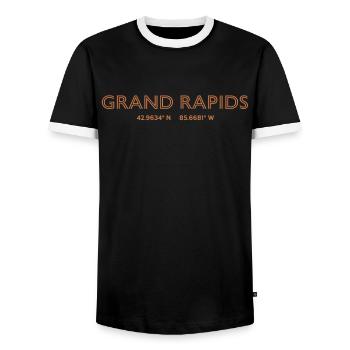 USA City Coordinates - Grand Rapids - Men's Ringer Shirt - black/white - Front - AI Model Female 172 light (172cm) & AI Model Male 178 light (178cm)