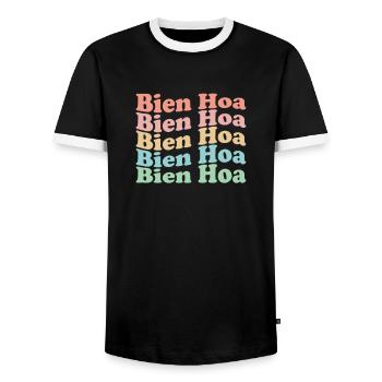 Hippie Vietnam Town des années 70 - Rétro Bien Hoa - T-shirt contrasté Homme - noir/blanc - Devant - AI Model Female 172 light (172cm) & AI Model Male 178 light (178cm)