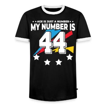 L’âge n’est qu’un chiffre – 44e anniversaire - T-shirt contrasté Homme - noir/blanc - Devant - AI Model Female 172 light (172cm) & AI Model Male 178 light (178cm)