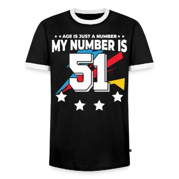Age is just a number - 51st birthday - Men's Ringer Shirt - black/white - Front - AI Model Female 172 light (172cm) & AI Model Male 178 light (178cm)