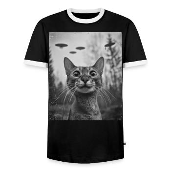 Cat - Alien Selfie Abyssinian UFO - Men's Ringer Shirt - black/white - Front - AI Model Female 172 light (172cm) & AI Model Male 178 light (178cm)