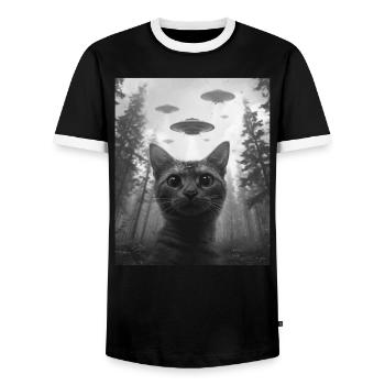 Cat - Alien Selfie Burmilla UFO - Men's Ringer Shirt - black/white - Front - AI Model Female 172 light (172cm) & AI Model Male 178 light (178cm)