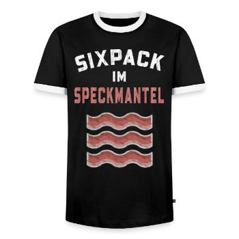 Bierbauch Bauch Bauchspeck Sixpack im Speckmantel - Männer Kontrast-T-Shirt - Schwarz/Weiß - Vorne - AI Model Female 172 light (172cm) & AI Model Male 178 light (178cm)
