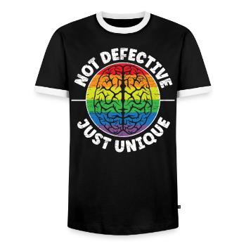 Not Defective Just Unique Neurodiversity ADHD ASD - Men's Ringer Shirt - black/white - Front - AI Model Female 172 light (172cm) & AI Model Male 178 light (178cm)