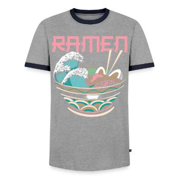 The Great Wave Off Kanagawa Ramen Eater Noodle - Men's Ringer Shirt - grey/navy  - Front - AI Model Female 172 light (172cm) & AI Model Male 178 light (178cm)
