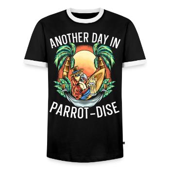 Ein weiterer Tag in Parrot-Dise Papagei sprechender Vogel - Männer Kontrast-T-Shirt - Schwarz/Weiß - Vorne - AI Model Female 172 light (172cm) & AI Model Male 178 light (178cm)