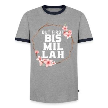 Mais d’abord Bismillah Allah Fier Islam Musulman Coran - T-shirt contrasté Homme - gris/marine  - Devant - AI Model Female 172 light (172cm) & AI Model Male 178 light (178cm)