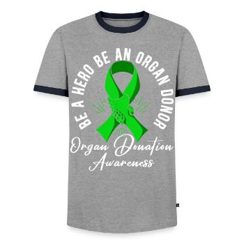Be A Hero Be An Organ Donor Organ Donation - Men's Ringer Shirt - grey/navy  - Front - AI Model Female 172 light (172cm) & AI Model Male 178 light (178cm)