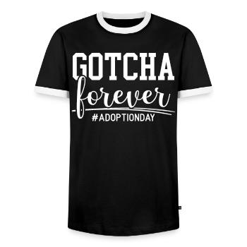 Gotcha Forever Adoption Announcement Gotcha Day - Men's Ringer Shirt - black/white - Front - AI Model Female 172 light (172cm) & AI Model Male 178 light (178cm)