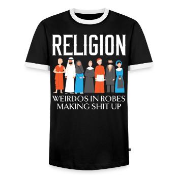 Religion Weirdos In Robes Anti-Religion Atheist - Men's Ringer Shirt - black/white - Front - AI Model Female 172 light (172cm) & AI Model Male 178 light (178cm)