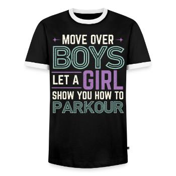 Move Over Boys Let A Girl Show You How To Parkour - Men's Ringer Shirt - black/white - Front - AI Model Female 172 light (172cm) & AI Model Male 178 light (178cm)
