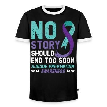 No Story Should End Too Soon Suicide Prevention - Men's Ringer Shirt - black/white - Front - AI Model Female 172 light (172cm) & AI Model Male 178 light (178cm)