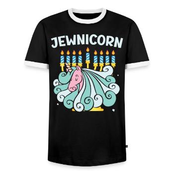 Jewnicorn Unicorn Rosh Hashanah Jewish New Year - Men's Ringer Shirt - black/white - Front - AI Model Female 172 light (172cm) & AI Model Male 178 light (178cm)