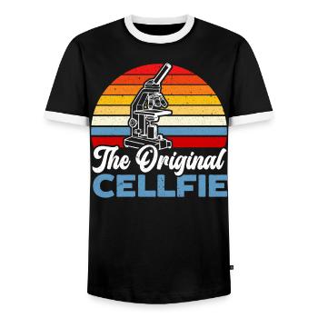 The Original Cellfie Science Lover Microbiology - Men's Ringer Shirt - black/white - Front - AI Model Female 172 light (172cm) & AI Model Male 178 light (178cm)