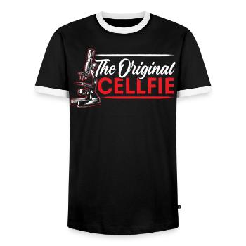 The Original Cellfie Science Lover Microbiology - Men's Ringer Shirt - black/white - Front - AI Model Female 172 light (172cm) & AI Model Male 178 light (178cm)