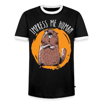 Impress Me Human Beaver Wildlife Animal Rodent - Men's Ringer Shirt - black/white - Front - AI Model Female 172 light (172cm) & AI Model Male 178 light (178cm)