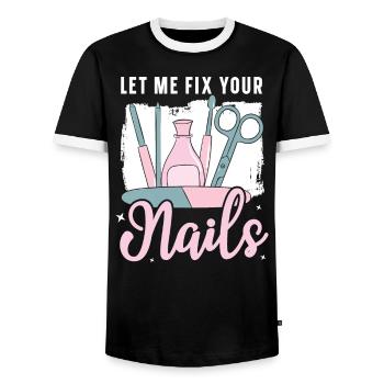 Laissez-moi réparer vos ongles Manucure Manucure Nail Tech - T-shirt contrasté Homme - noir/blanc - Devant - AI Model Female 172 light (172cm) & AI Model Male 178 light (178cm)