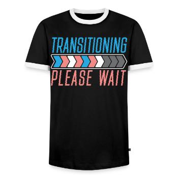 Übergang Bitte warten LGBTQ Pride Transgender - Männer Kontrast-T-Shirt - Schwarz/Weiß - Vorne - AI Model Female 172 light (172cm) & AI Model Male 178 light (178cm)
