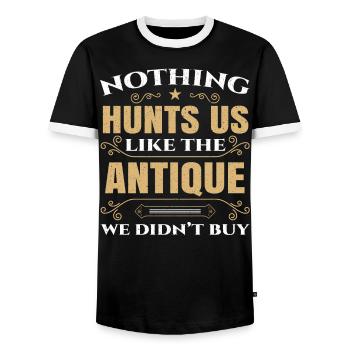 Nothing Hunts Us Like The Antique We Didn't Buy - Men's Ringer Shirt - black/white - Front - AI Model Female 172 light (172cm) & AI Model Male 178 light (178cm)