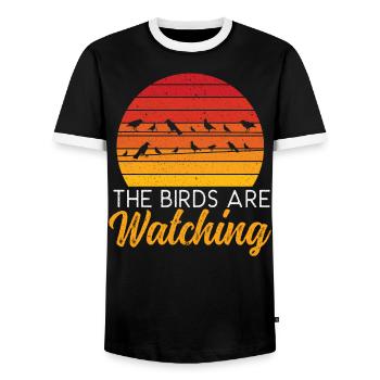 The Birds Are Watching Bird Conspiracy Theory - Men's Ringer Shirt - black/white - Front - AI Model Female 172 light (172cm) & AI Model Male 178 light (178cm)