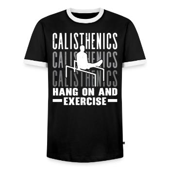 Hang On And Exercise Fitness Workout Calisthenics - Men's Ringer Shirt - black/white - Front - AI Model Female 172 light (172cm) & AI Model Male 178 light (178cm)