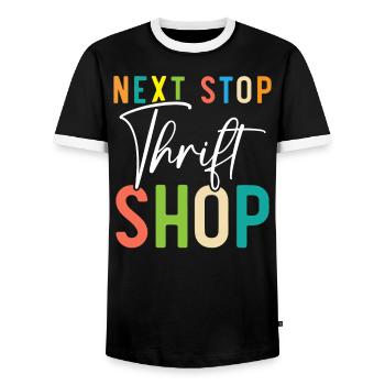 Nächster Halt Secondhand-Shop Sparsame Schnäppchenjagd - Männer Kontrast-T-Shirt - Schwarz/Weiß - Vorne - AI Model Female 172 light (172cm) & AI Model Male 178 light (178cm)