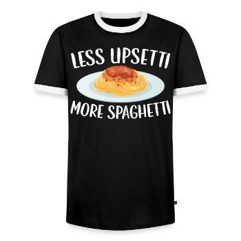 Less Upsetti More Spaghetti Lover Pasta Eater - Men's Ringer Shirt - black/white - Front - AI Model Female 172 light (172cm) & AI Model Male 178 light (178cm)