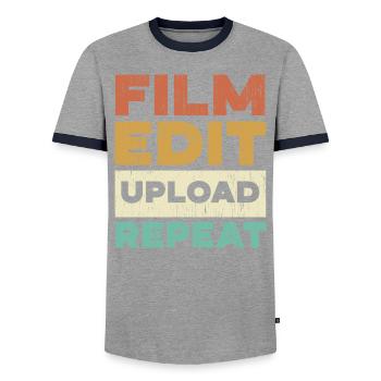Film Edit Upload Repeat Content Creator Vlogger - Men's Ringer Shirt - grey/navy  - Front - AI Model Female 172 light (172cm) & AI Model Male 178 light (178cm)