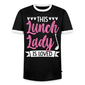 Diese Mittagsdame ist eine beliebte Cafeteria-Mitarbeiterin - Männer Kontrast-T-Shirt - Schwarz/Weiß - Vorne - AI Model Female 172 light (172cm) & AI Model Male 178 light (178cm)