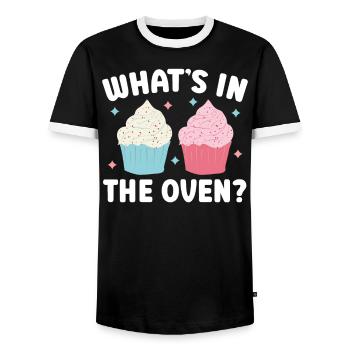 Was ist im Ofen Baby Ankündigung Geschlecht Enthüllung - Männer Kontrast-T-Shirt - Schwarz/Weiß - Vorne - AI Model Female 172 light (172cm) & AI Model Male 178 light (178cm)