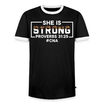 Zertifizierte Pflegehelferin CNA - Männer Kontrast-T-Shirt - Schwarz/Weiß - Vorne - AI Model Female 172 light (172cm) & AI Model Male 178 light (178cm)
