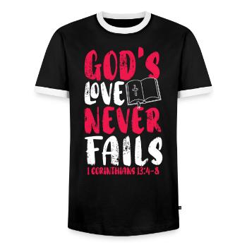 God's Love Never Fails Christian Believer - Men's Ringer Shirt - black/white - Front - AI Model Female 172 light (172cm) & AI Model Male 178 light (178cm)