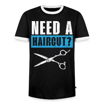 Besoin d’une coupe de cheveux Barbier Coiffeur Barbier - T-shirt contrasté Homme - noir/blanc - Devant - AI Model Female 172 light (172cm) & AI Model Male 178 light (178cm)