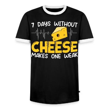 7 Days Without Cheese Makes One Weak Cheesy Food - Men's Ringer Shirt - black/white - Front - AI Model Female 172 light (172cm) & AI Model Male 178 light (178cm)