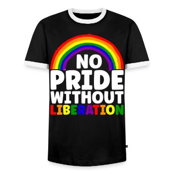 Kein Stolz ohne Befreiung Regenbogen LGBTQ Schwul - Männer Kontrast-T-Shirt - Schwarz/Weiß - Vorne - AI Model Female 172 light (172cm) & AI Model Male 178 light (178cm)