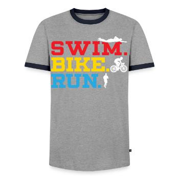 Triathlon Athlet Triathlet Schwimmen Radfahren Laufen - Männer Kontrast-T-Shirt - Grau/Navy  - Vorne - AI Model Female 172 light (172cm) & AI Model Male 178 light (178cm)