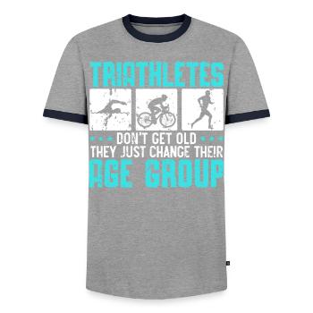 Triathlon Athlet Triathlet Schwimmen Radfahren Laufen - Männer Kontrast-T-Shirt - Grau/Navy  - Vorne - AI Model Female 172 light (172cm) & AI Model Male 178 light (178cm)