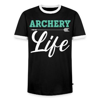 Archery Life Bow Hunter Archer Shoot Arrow Bowman - Men's Ringer Shirt - black/white - Front - AI Model Female 172 light (172cm) & AI Model Male 178 light (178cm)