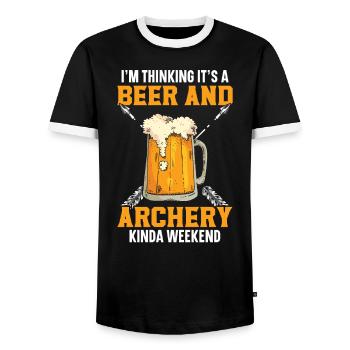 Je pense que c’est un week-end de bière et de tir à l’arc - T-shirt contrasté Homme - noir/blanc - Devant - AI Model Female 172 light (172cm) & AI Model Male 178 light (178cm)