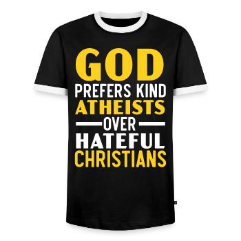 Gott bevorzugt gütige Atheisten gegenüber hasserfüllten Christen - Männer Kontrast-T-Shirt - Schwarz/Weiß - Vorne - AI Model Female 172 light (172cm) & AI Model Male 178 light (178cm)