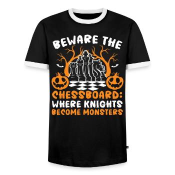 Chess Halloween Trick Or Treat Chess Board Game - Men's Ringer Shirt - black/white - Front - AI Model Female 172 light (172cm) & AI Model Male 178 light (178cm)