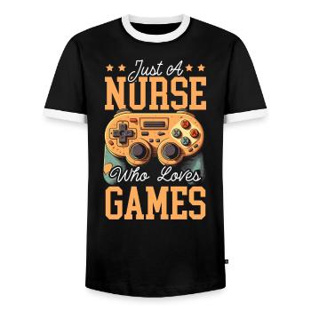 Gamer Nurse Video Game Player Gaming Nursing - Men's Ringer Shirt - black/white - Front - AI Model Female 172 light (172cm) & AI Model Male 178 light (178cm)