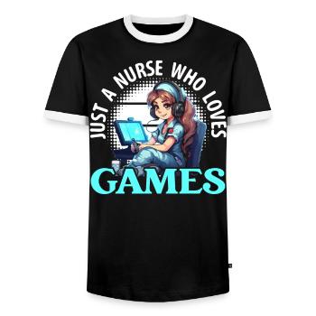 Gamer Nurse Video Game Player Gaming Nursing - Men's Ringer Shirt - black/white - Front - AI Model Female 172 light (172cm) & AI Model Male 178 light (178cm)