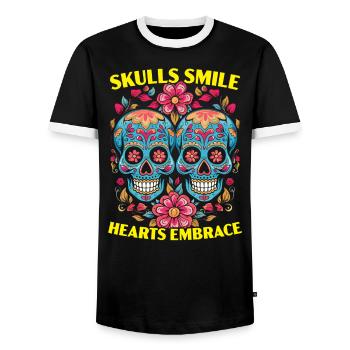 Dia De Los Muertos Sugar Skull Mexican Holiday - Men's Ringer Shirt - black/white - Front - AI Model Female 172 light (172cm) & AI Model Male 178 light (178cm)