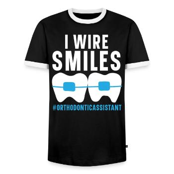 Orthodontic Assistant Job Dental Teeth Dentist - Men's Ringer Shirt - black/white - Front - AI Model Female 172 light (172cm) & AI Model Male 178 light (178cm)