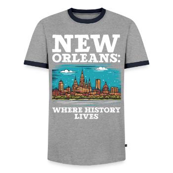 La Nouvelle-Orléans, Louisiane, États-Unis, États-Unis - T-shirt contrasté Homme - gris/marine  - Devant - AI Model Female 172 light (172cm) & AI Model Male 178 light (178cm)