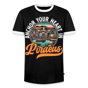 Piraeus Greece Travel Vacation Europe Greek Flag - Men's Ringer Shirt - black/white - Front - AI Model Female 172 light (172cm) & AI Model Male 178 light (178cm)