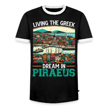 Piraeus Greece Travel Vacation Europe Greek Flag - Men's Ringer Shirt - black/white - Front - AI Model Female 172 light (172cm) & AI Model Male 178 light (178cm)