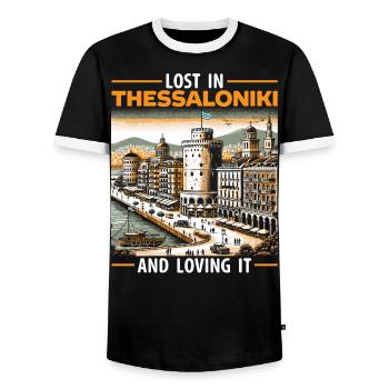Thessaloniki Greece Travel Vacation Europe Greek - Men's Ringer Shirt - black/white - Front - AI Model Female 172 light (172cm) & AI Model Male 178 light (178cm)