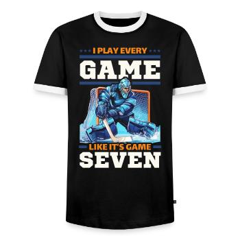Ice Hockey Goalie Goaltender Keeper Goalkeeper - Men's Ringer Shirt - black/white - Front - AI Model Female 172 light (172cm) & AI Model Male 178 light (178cm)